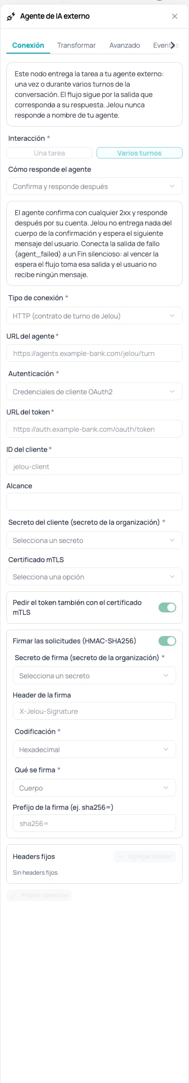 Pestaña Conexión del nodo Agente de IA externo con Cómo responde el agente en Confirma y responde después, el aviso de la salida de fallo, el interruptor del token con el certificado mTLS y el prefijo de la firma