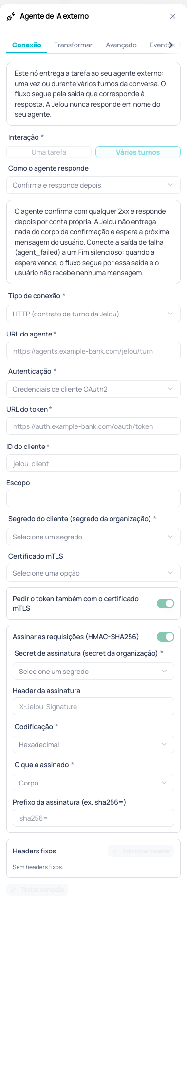 Aba Conexão do nó Agente de IA externo com Como o agente responde em Confirma e responde depois, o aviso da saída de falha, o interruptor do token com o certificado mTLS e o prefixo da assinatura