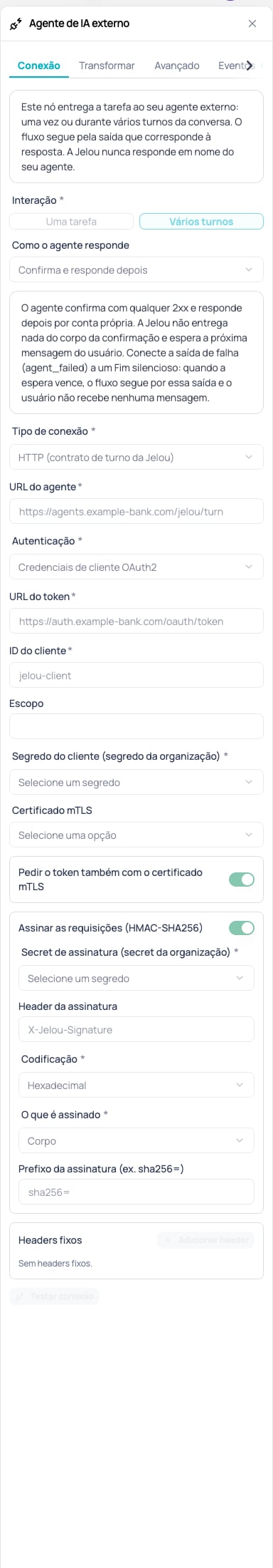 Aba Conexão do nó Agente de IA externo com Como o agente responde em Confirma e responde depois, o aviso da saída de falha, o interruptor do token com o certificado mTLS e o prefixo da assinatura