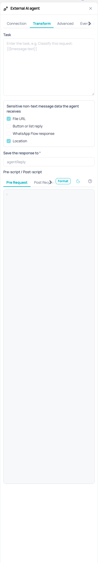 Transform tab of the External AI agent node with the sensitive non-text message data the agent receives