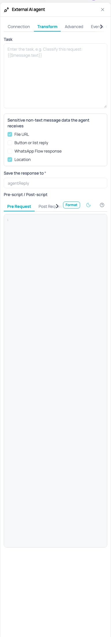 Transform tab of the External AI agent node with the sensitive non-text message data the agent receives