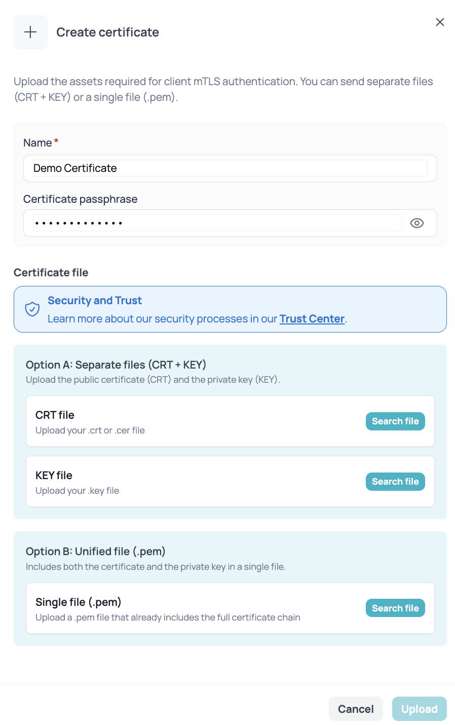 Panel to create a new mTLS certificate with options to upload PEM or CRT + KEY files