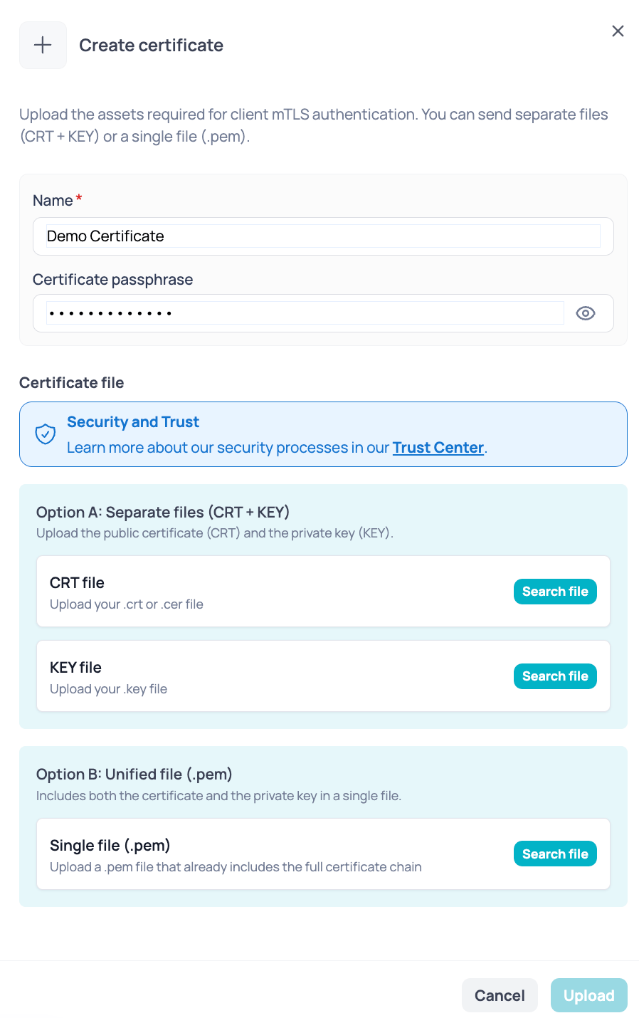 Panel to create a new mTLS certificate with options to upload PEM or CRT + KEY files