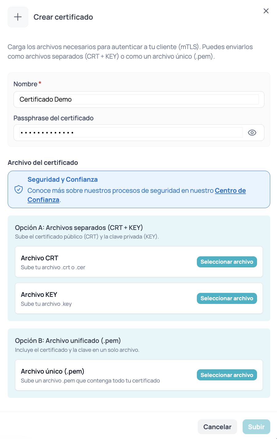 Modal para crear un nuevo certificado mTLS con opciones para subir archivos PEM o CRT + KEY