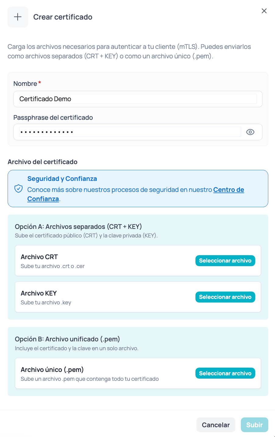 Modal para crear un nuevo certificado mTLS con opciones para subir archivos PEM o CRT + KEY