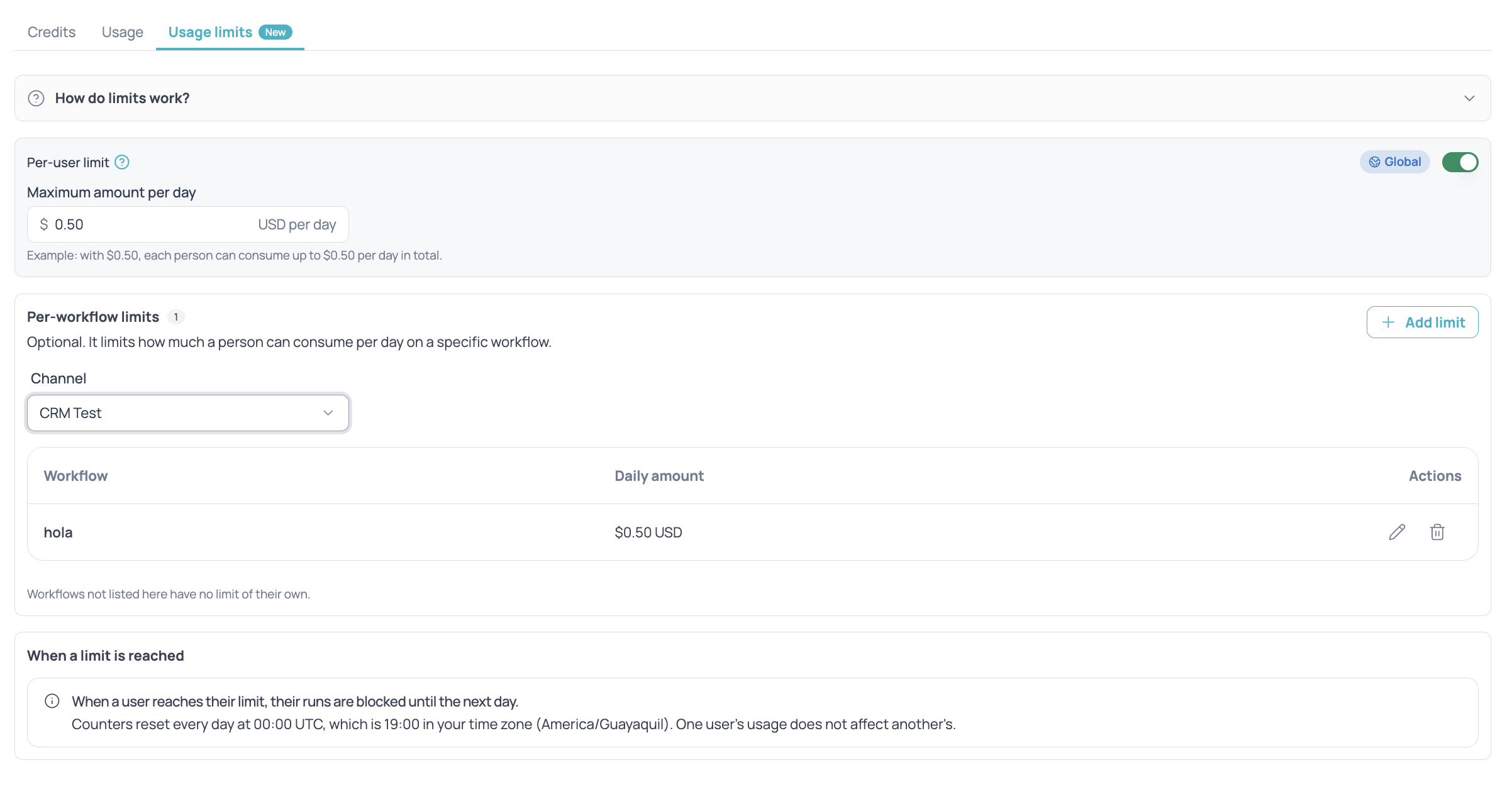 Usage limits screen with the per-user limit turned on, the per-workflow limits table and the notice about what happens when a limit is reached