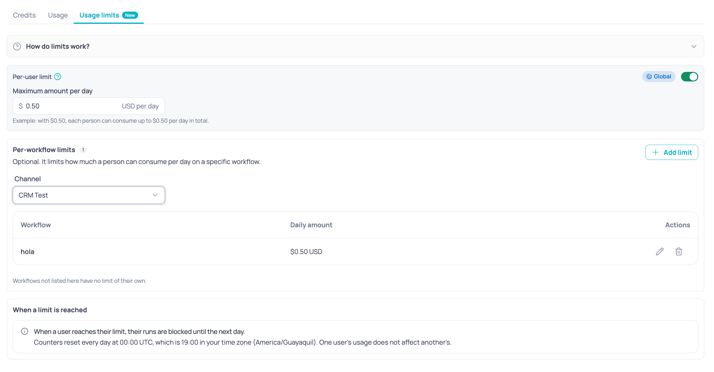 Usage limits screen with the per-user limit turned on, the per-workflow limits table and the notice about what happens when a limit is reached