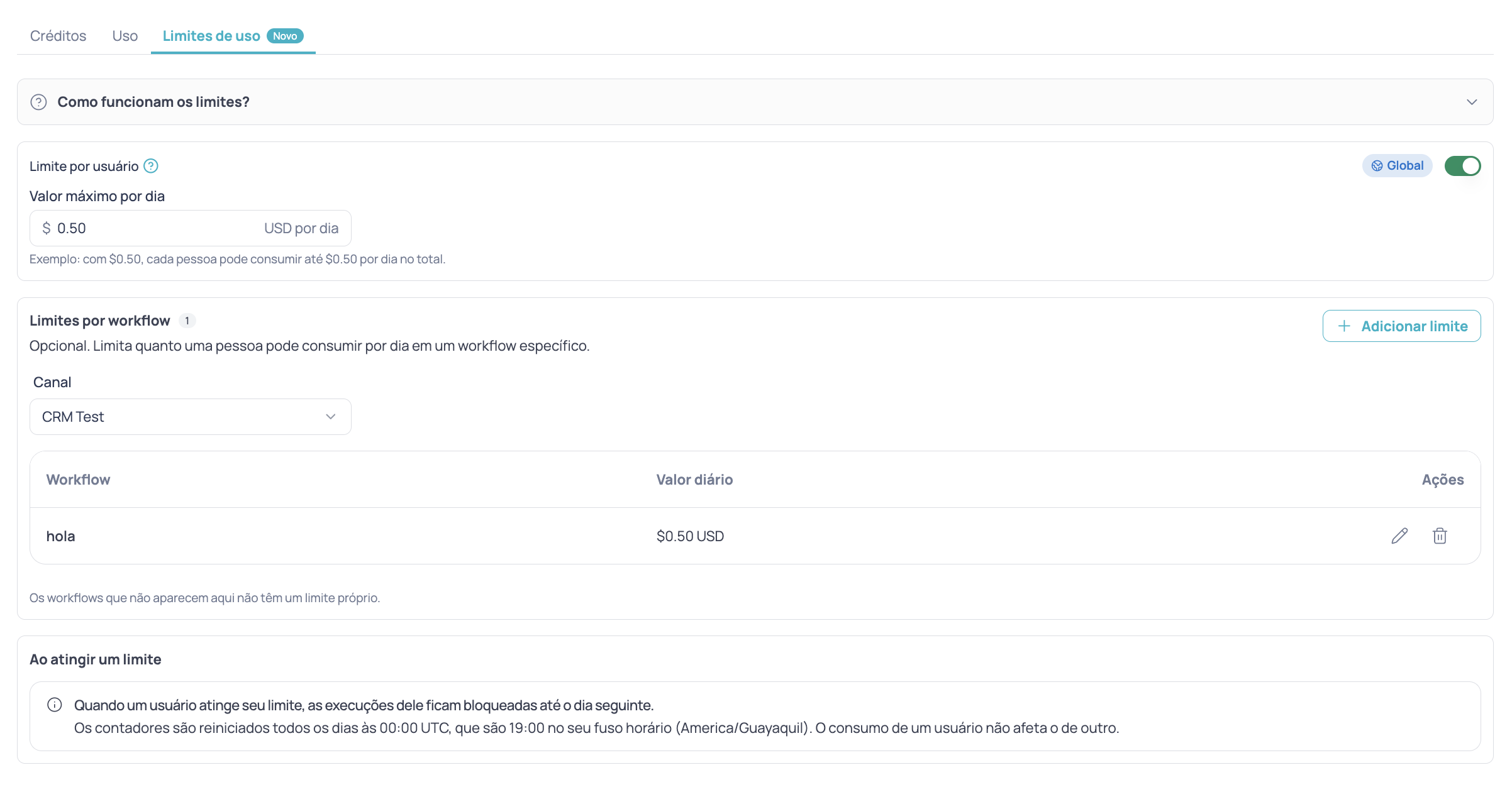 Tela de Limites de uso com o limite por usuário ativado, a tabela de limites por workflow e o aviso sobre o que acontece ao atingir um limite