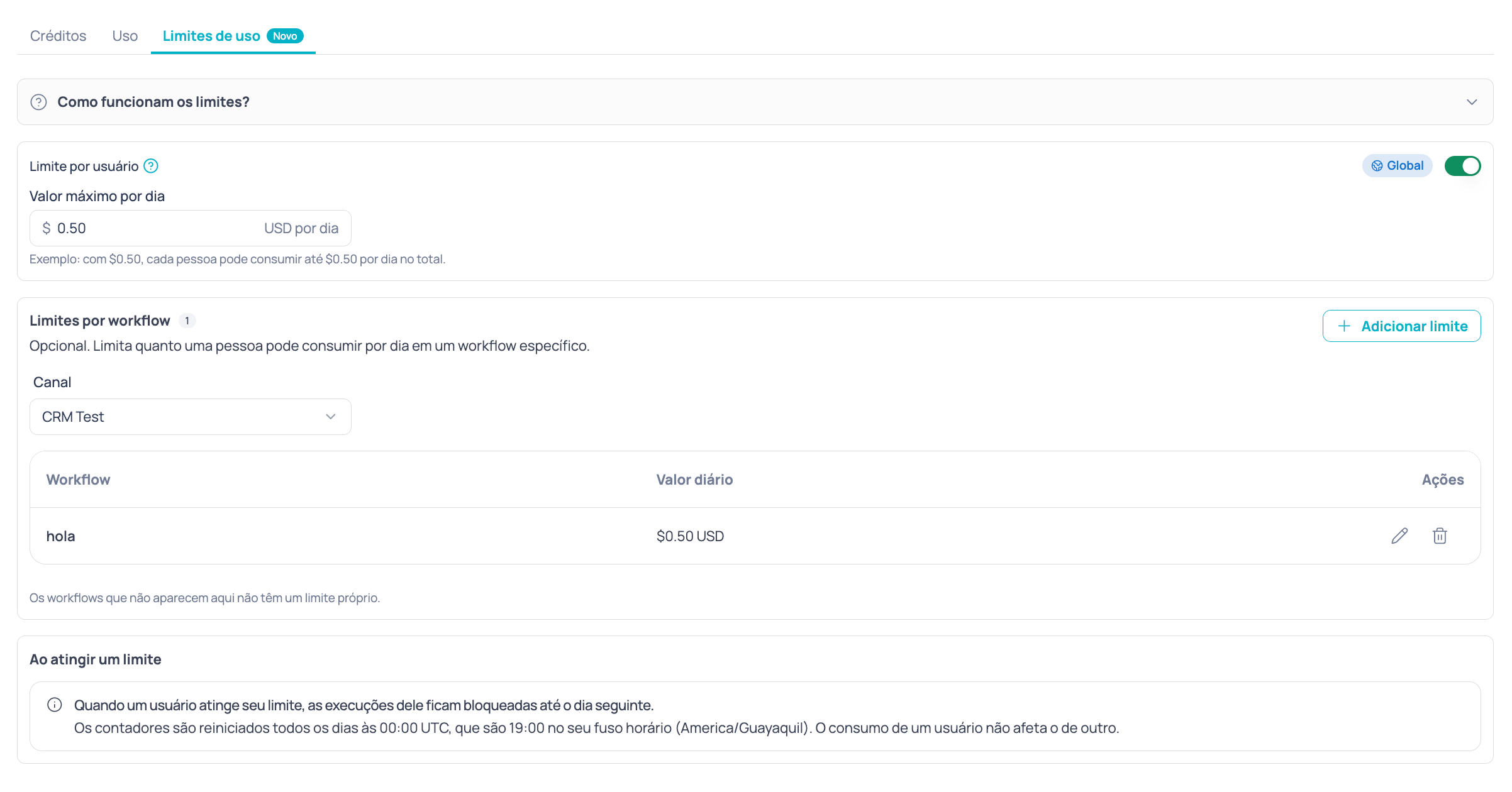 Tela de Limites de uso com o limite por usuário ativado, a tabela de limites por workflow e o aviso sobre o que acontece ao atingir um limite