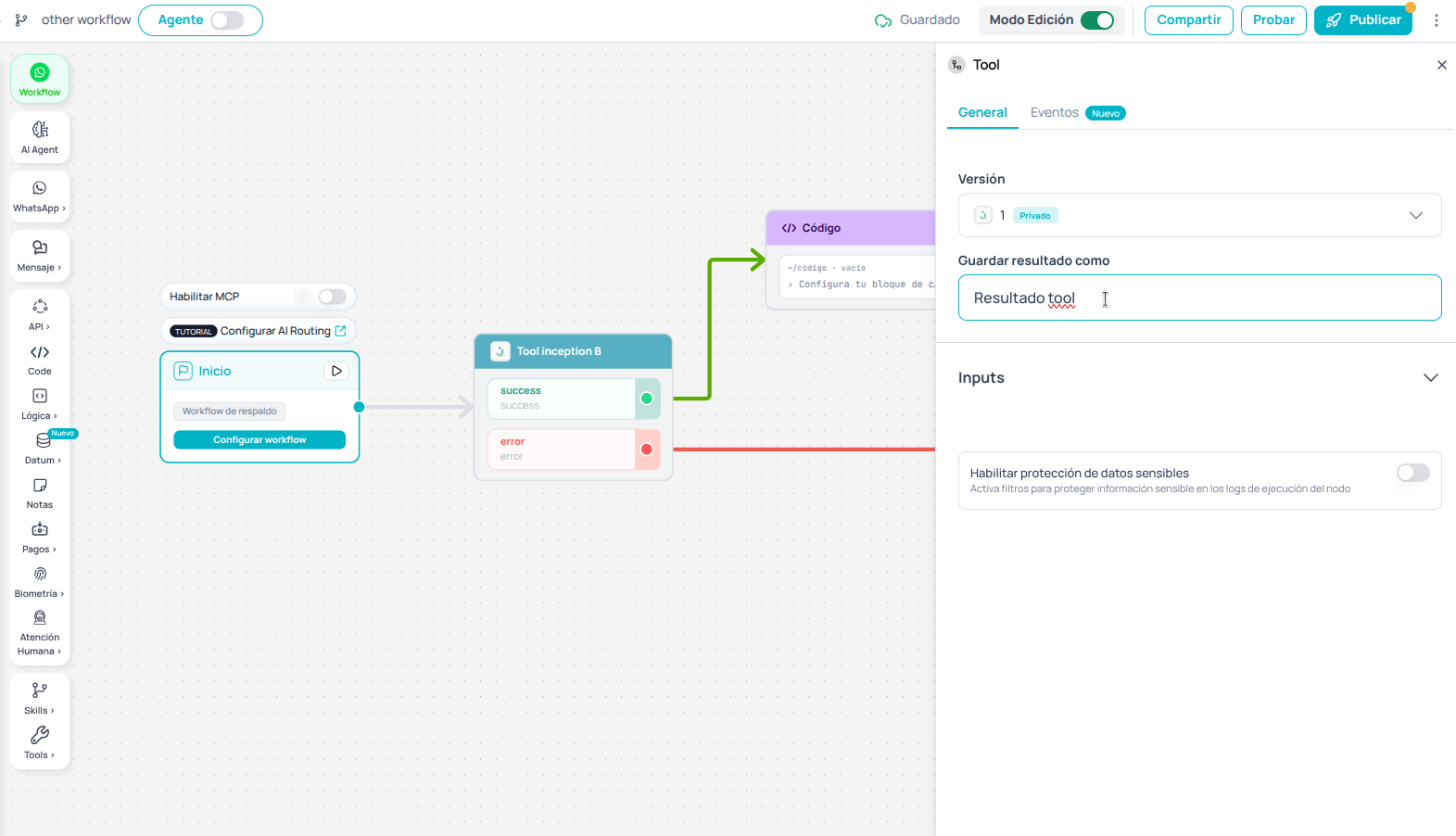 Canvas mostrando el buscador para arrastrar otra Tool
