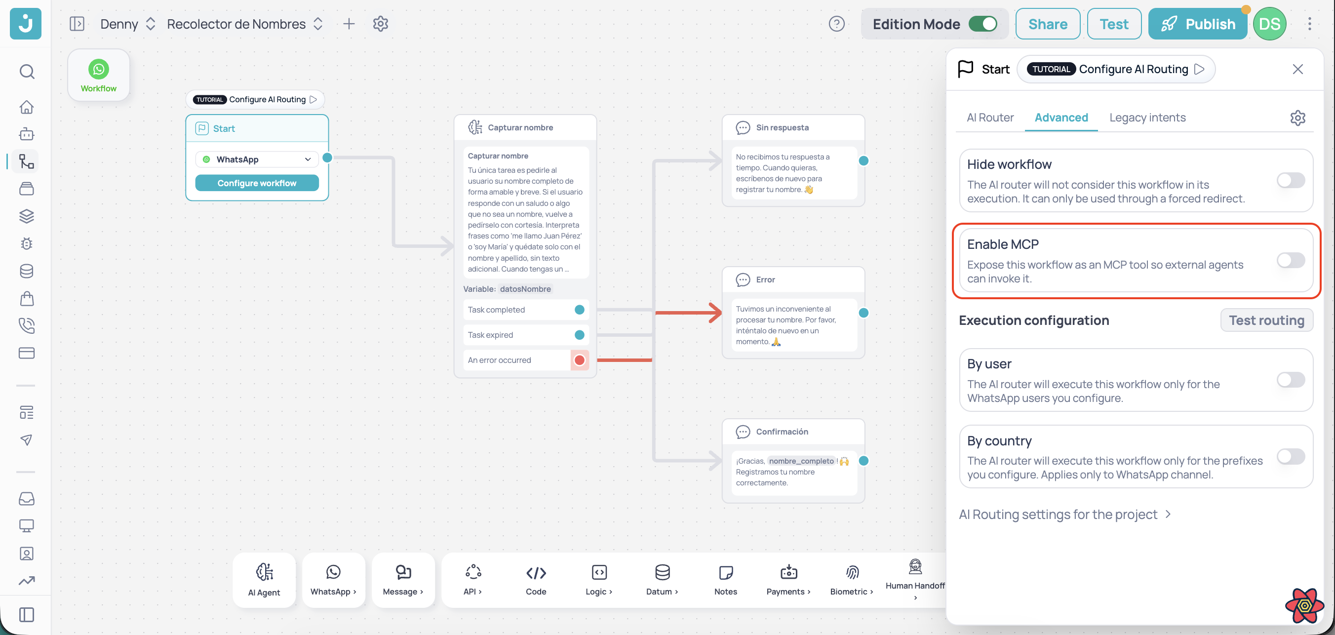 Start node configuration panel with the Advanced tab open and the Enable MCP toggle highlighted
