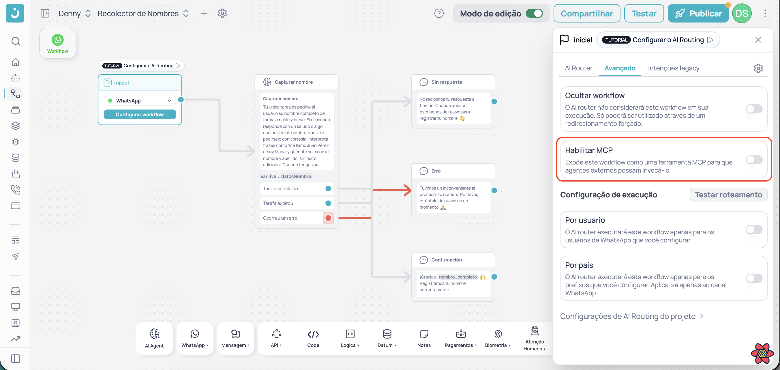 Painel de configuração do nó Start com a aba Avançado aberta e o toggle Habilitar MCP destacado