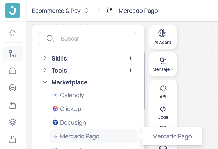 Mercado Pago visible en la carpeta Marketplace dentro del panel lateral de Brain Studio