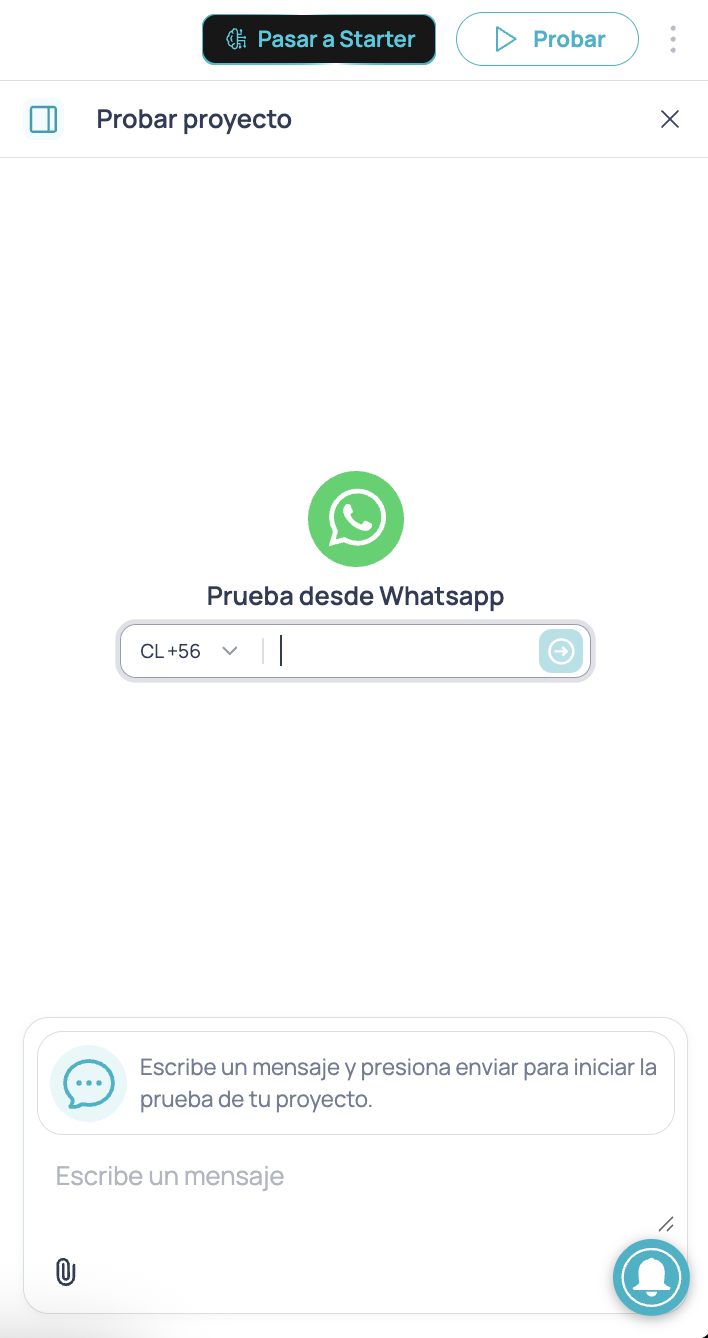 Panel Probar proyecto en Brain Studio con la opción Prueba desde WhatsApp e ingreso de número de teléfono