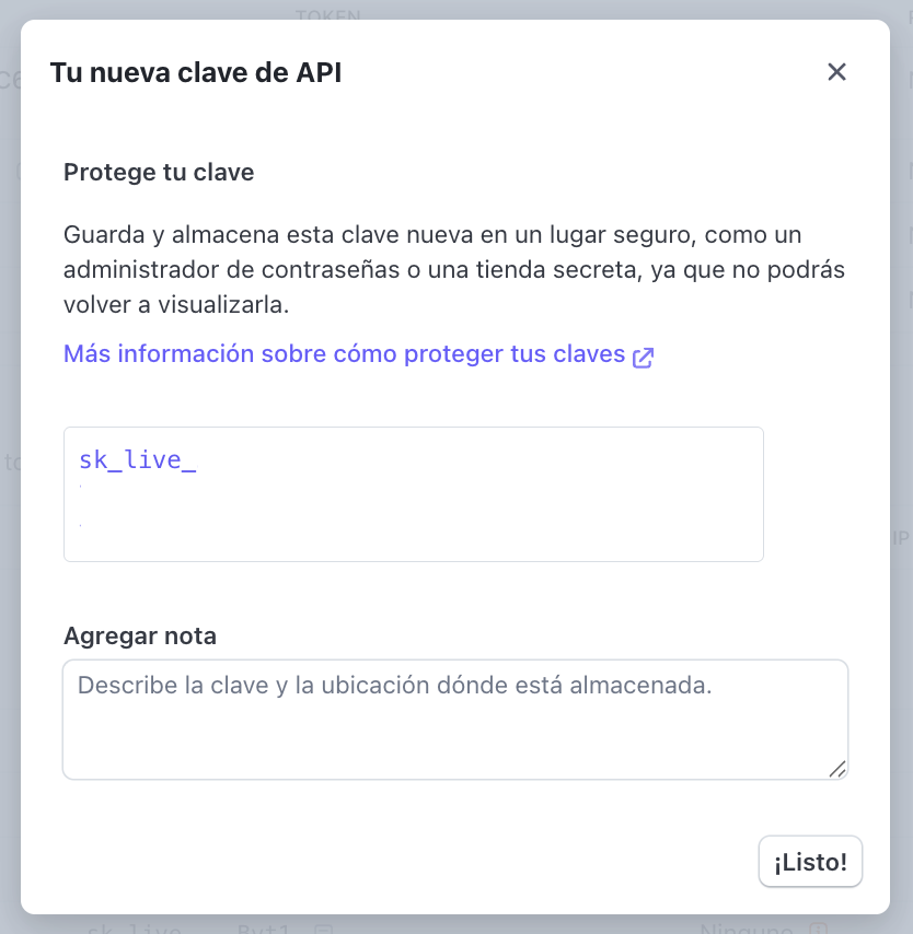 Confirmación de clave secreta creada en Stripe