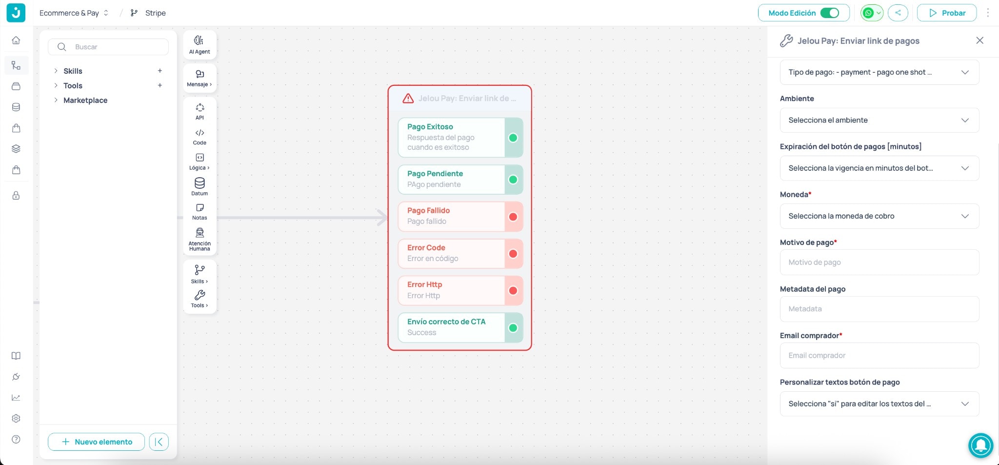 Nodo de Stripe agregado al Canvas mostrando sus salidas