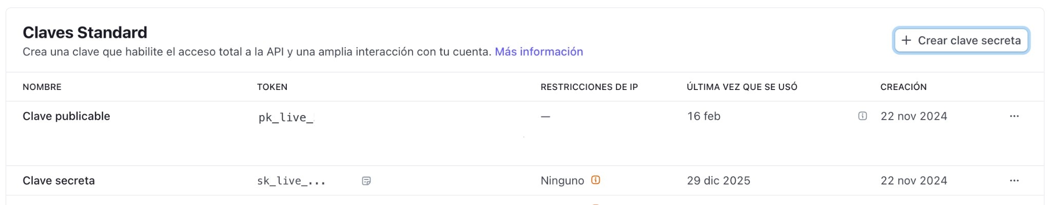 Sección de claves standard y botón crear clave secreta