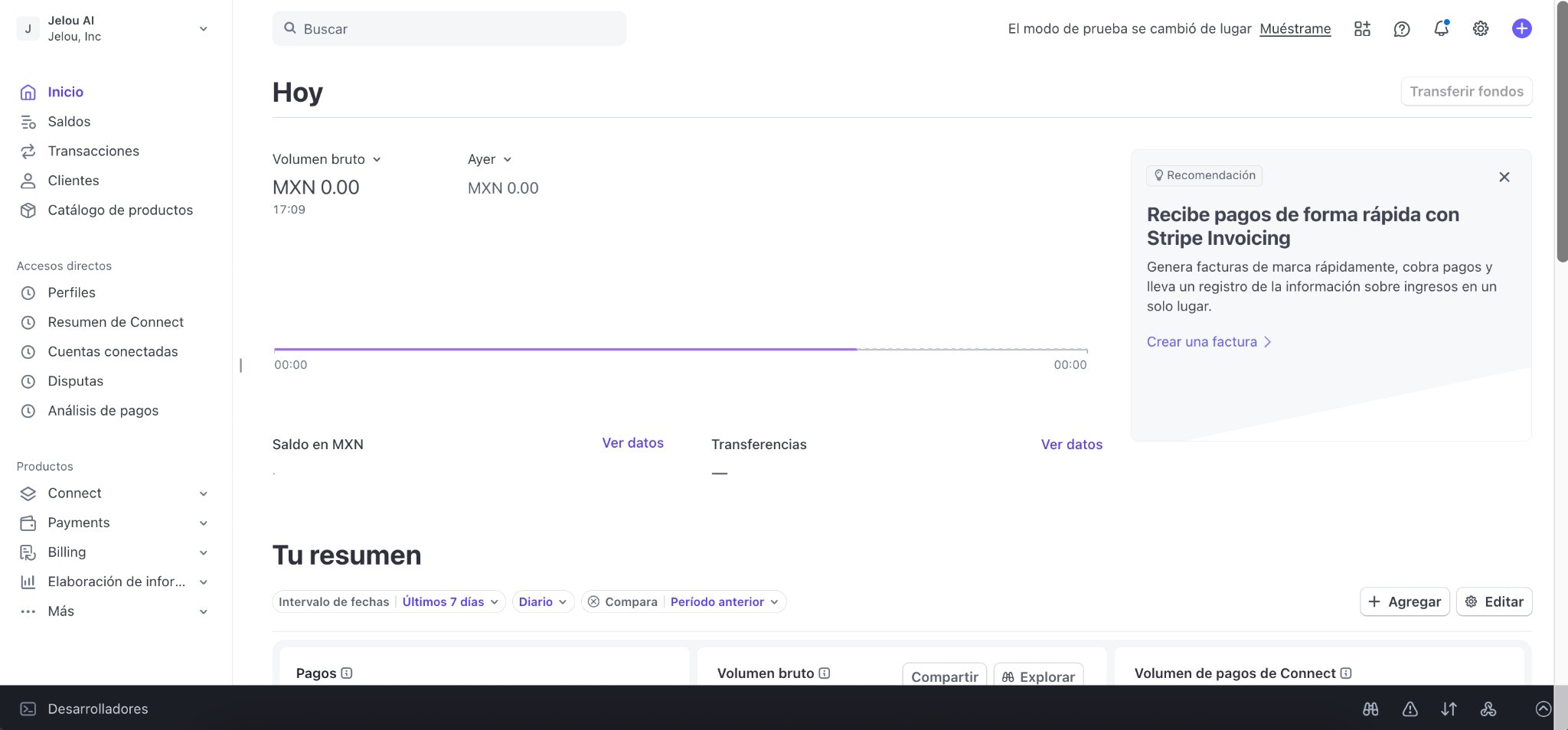 Dashboard principal de Stripe