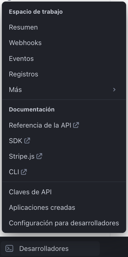 Menú lateral con acceso directo a Desarrolladores y Claves de API