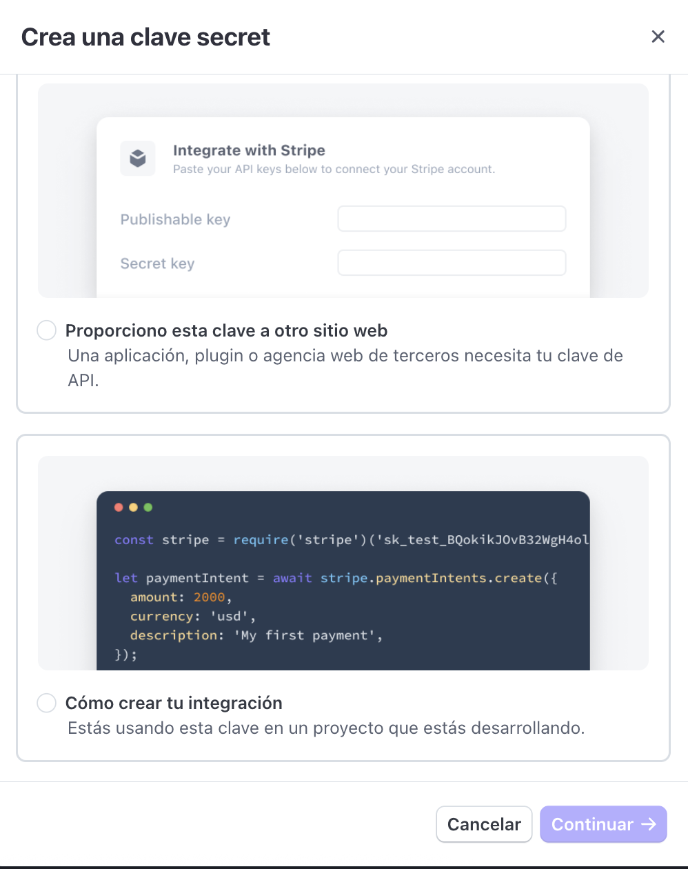 Modal de Stripe para crear una clave secreta con opciones