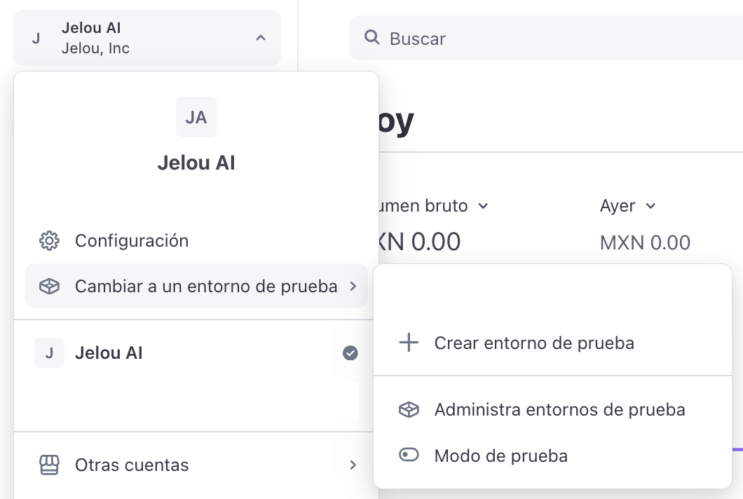 Selector de cuenta con opción para cambiar a entorno de prueba