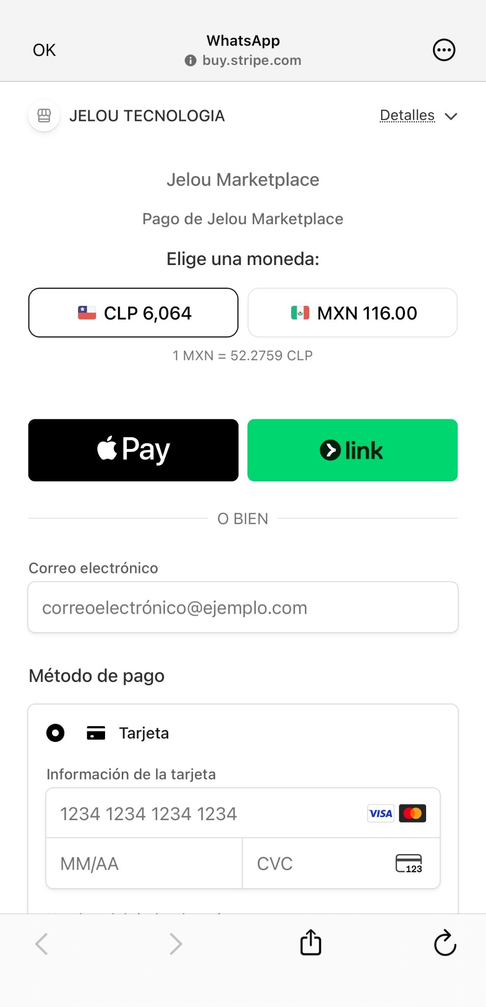 Checkout Stripe en WebView dentro de WhatsApp mostrando selector de moneda