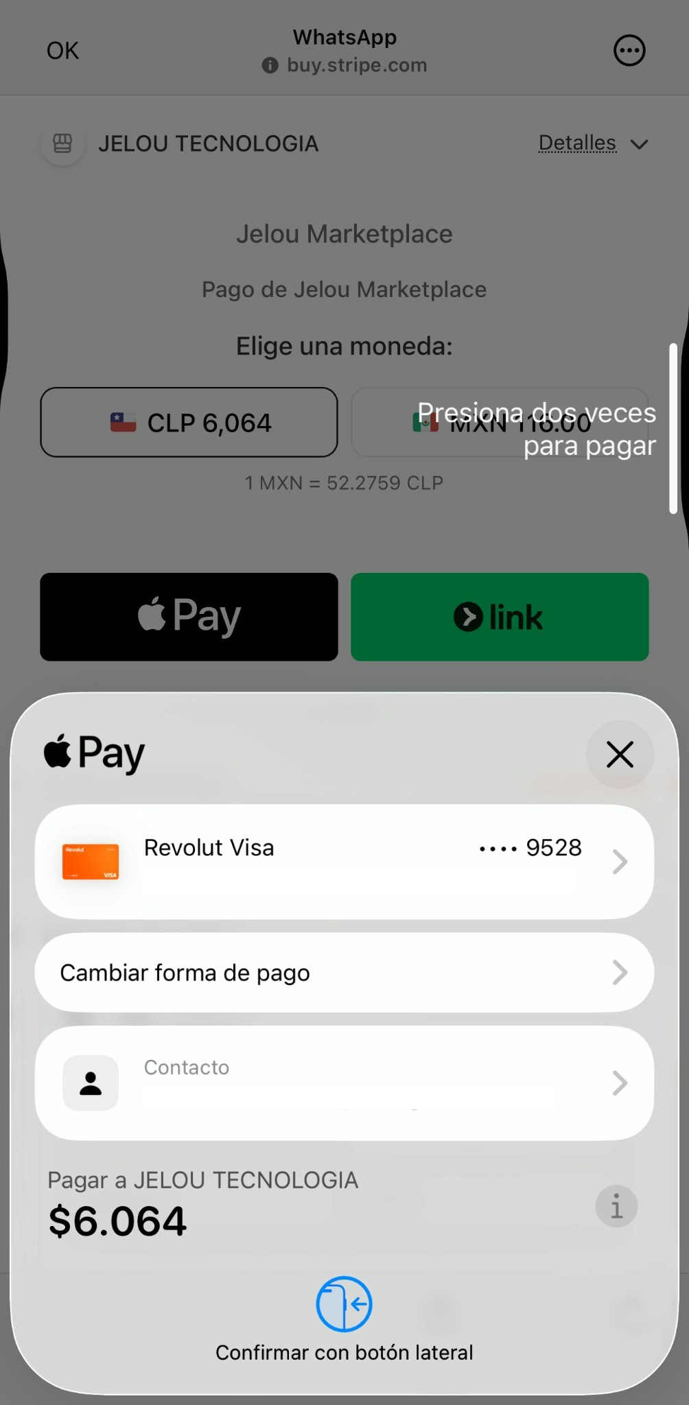 Confirmación de pago con Apple Pay en Stripe dentro de WhatsApp