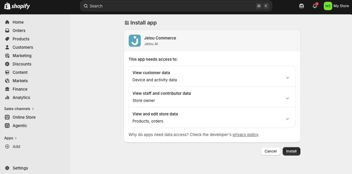 Pantalla de instalación de la app Jelou Commerce en Shopify