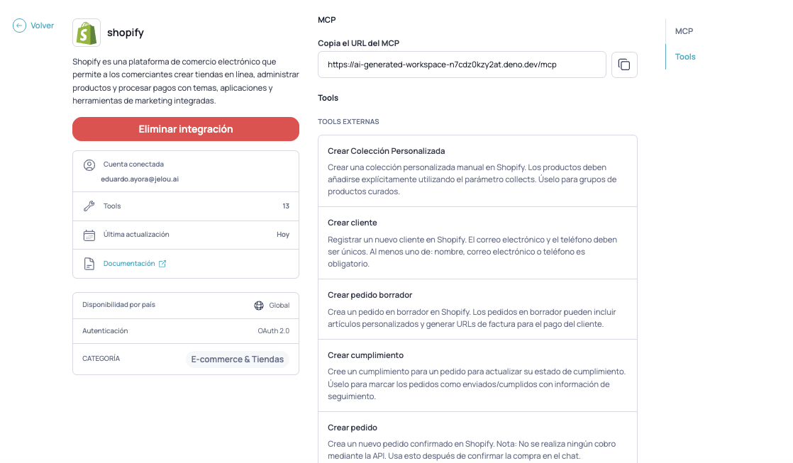 Integración de Shopify conectada con la cuenta vinculada