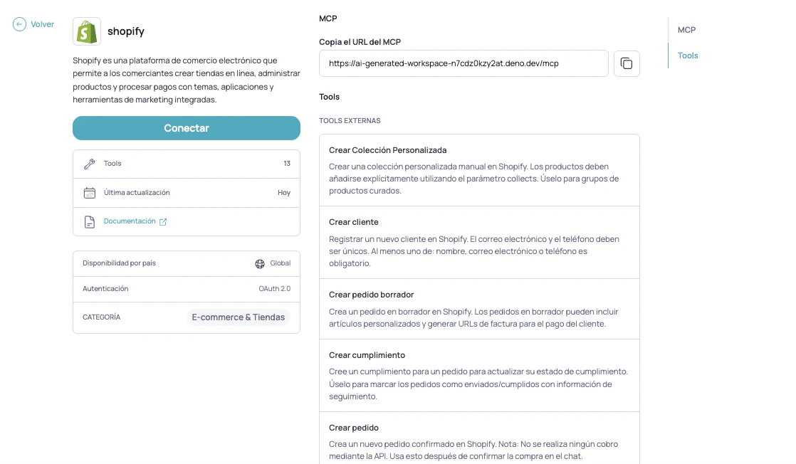 Ficha de la integración de Shopify con el botón Conectar