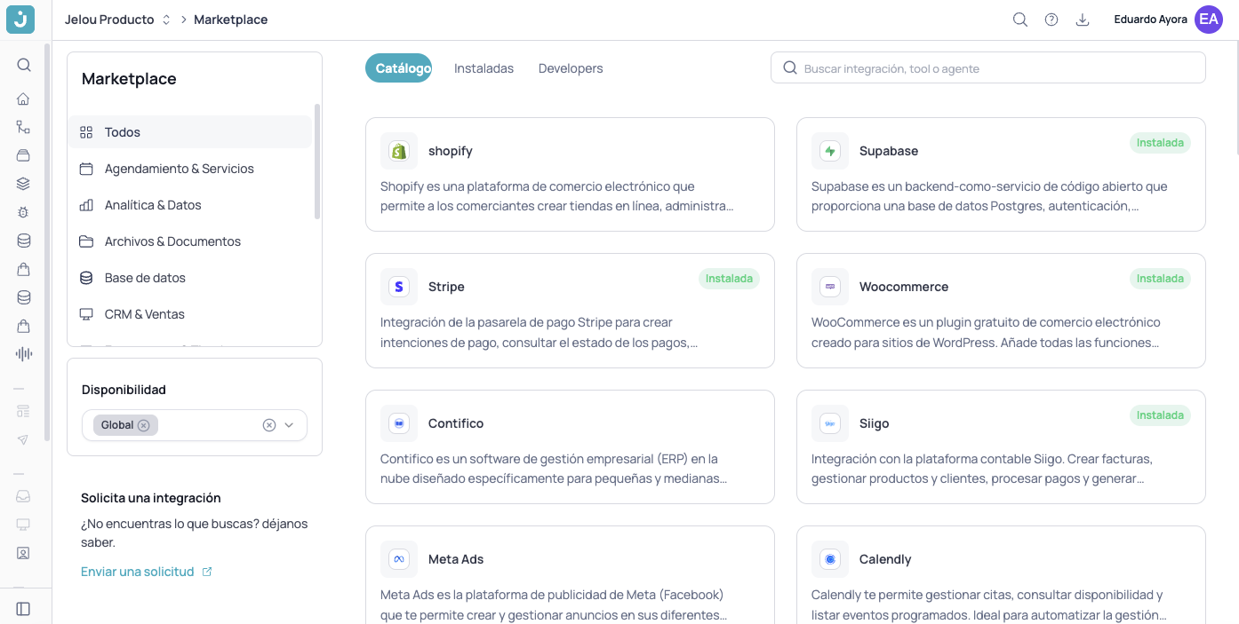 Shopify en el catálogo del Marketplace de Jelou