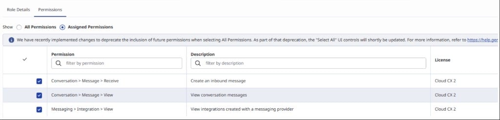 Permisos del rol en Genesys Cloud