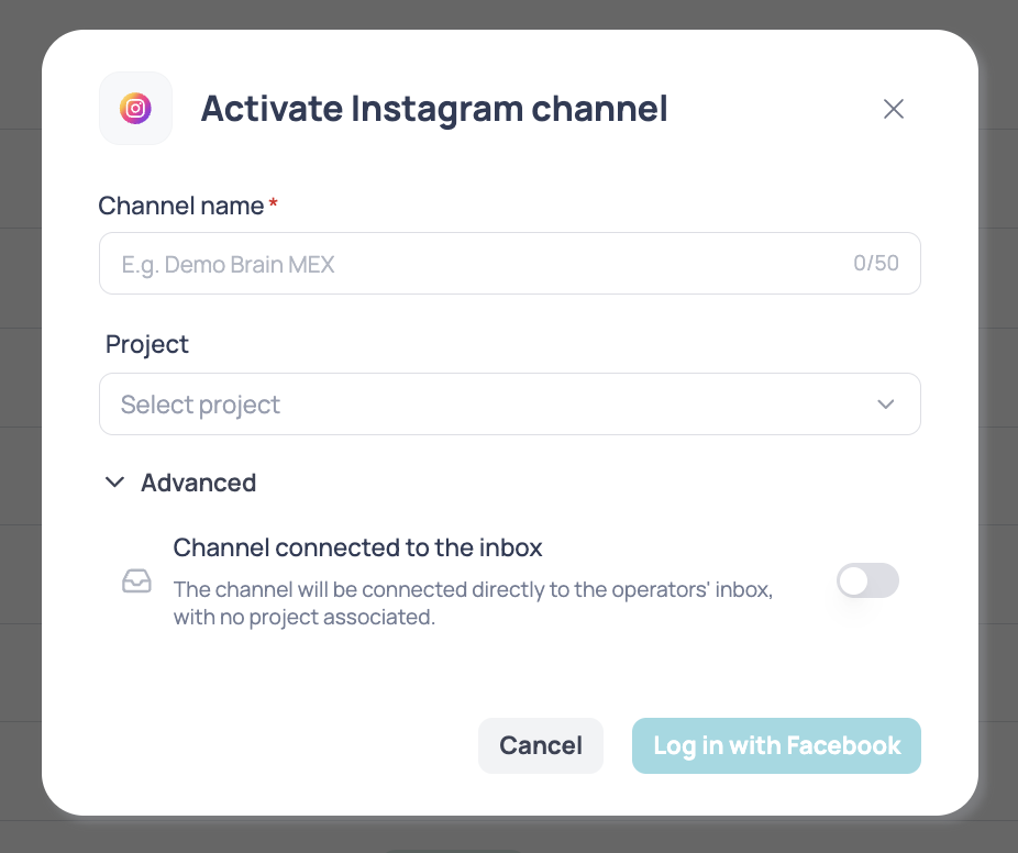 Activate Instagram channel window with the Channel name and Project fields and the Advanced section