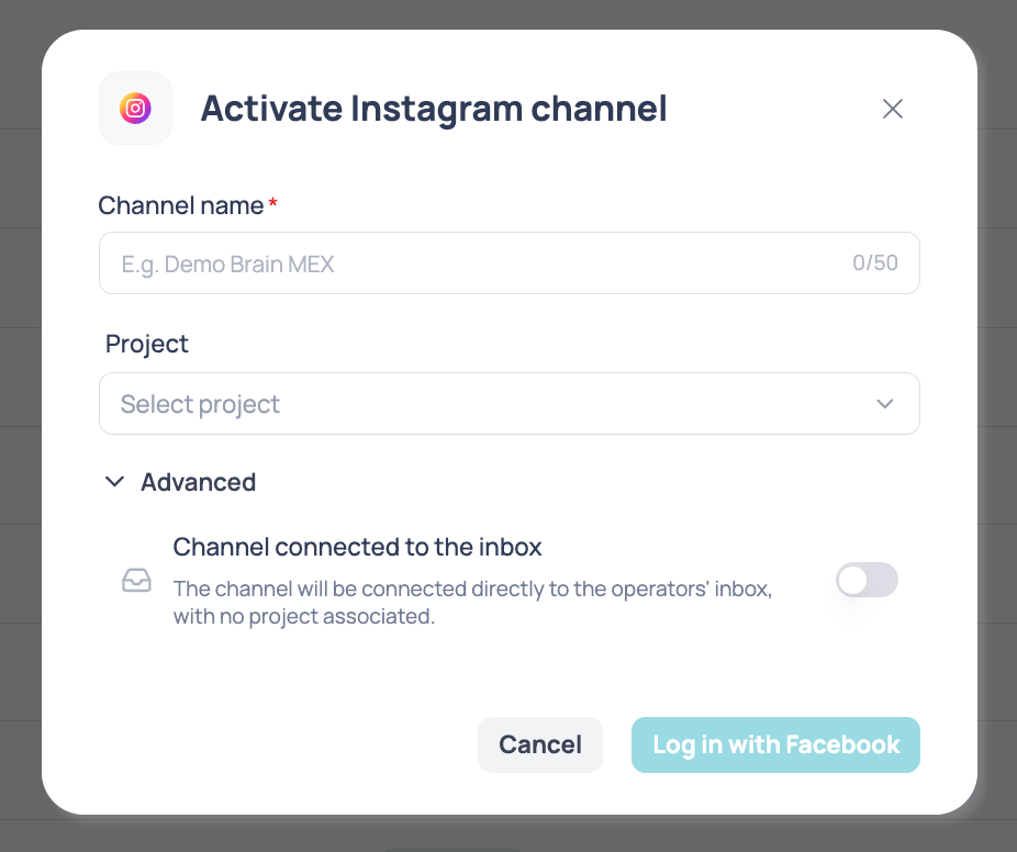 Activate Instagram channel window with the Channel name and Project fields and the Advanced section