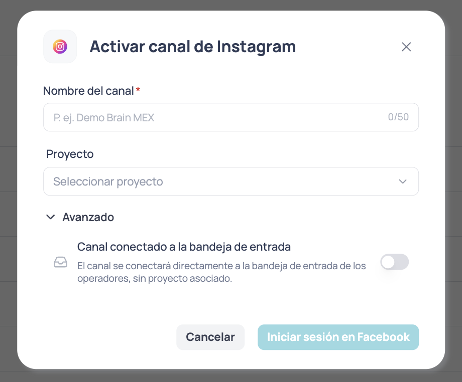 Ventana Activar canal de Instagram con los campos Nombre del canal, Proyecto y la sección Avanzado
