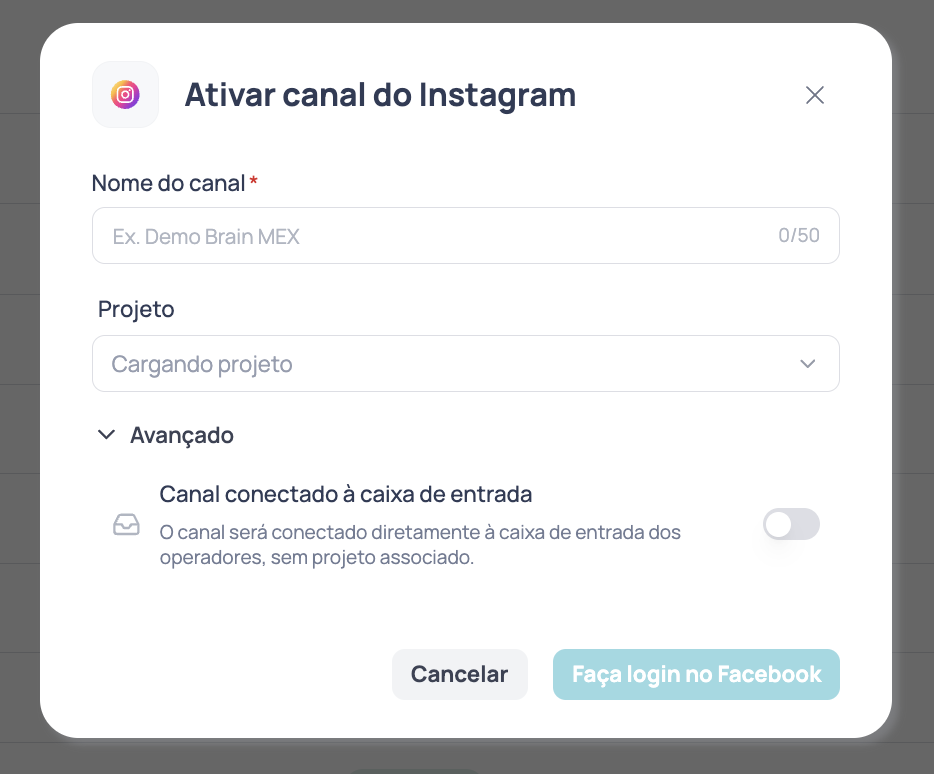 Janela Ativar canal do Instagram com os campos Nome do canal e Projeto e a seção Avançado
