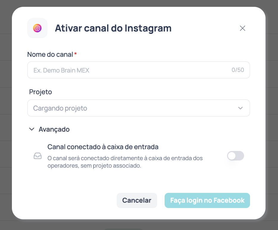 Janela Ativar canal do Instagram com os campos Nome do canal e Projeto e a seção Avançado