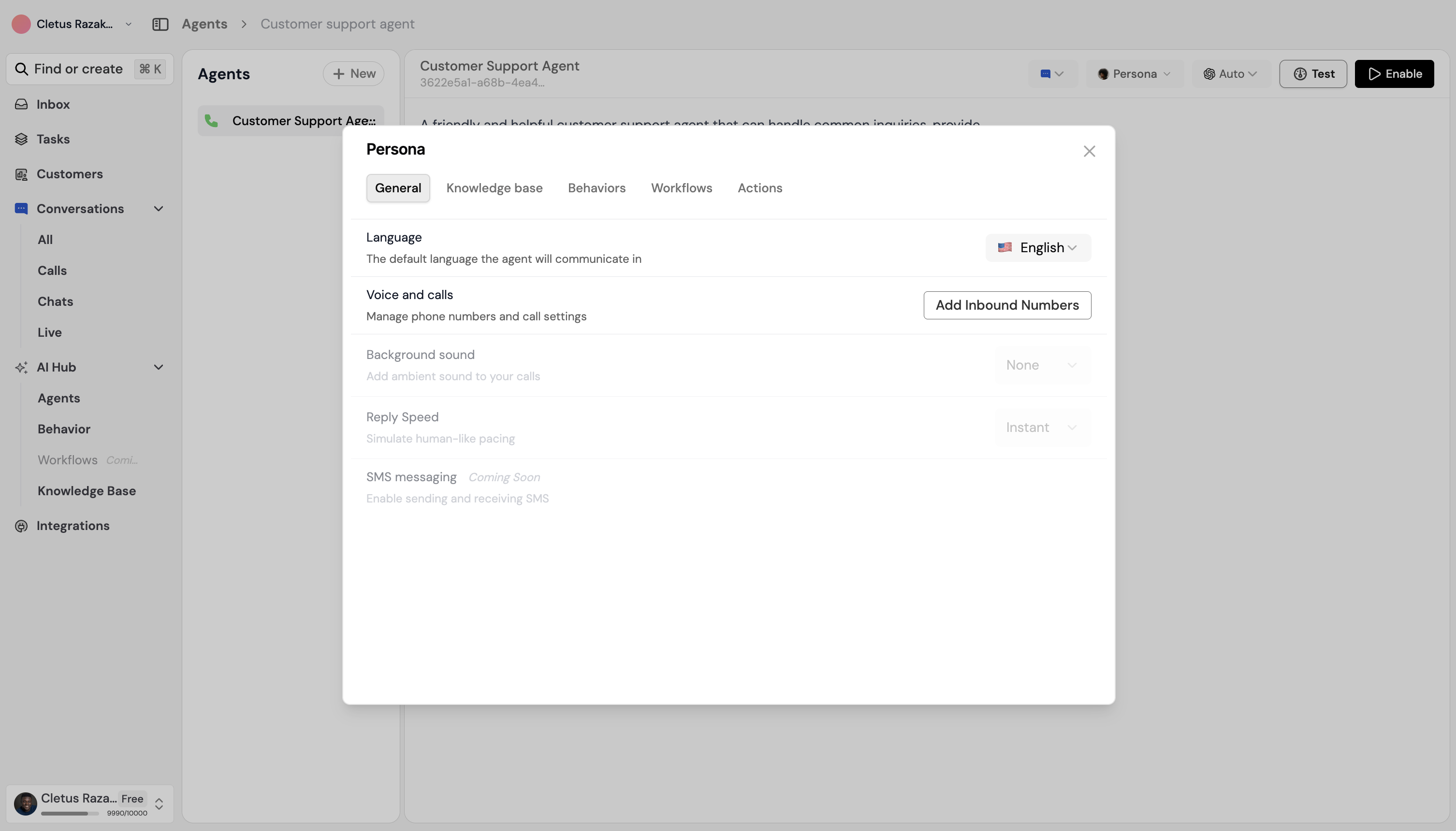 Agent persona — tabs (General, Knowledge base, Behaviours, Workflows, Voices, Actions)
