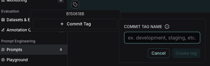 The tag, the commit tag box with the commit label, and the commit tag name box to create the tag.