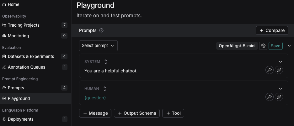 Prompt playground with the system prompt ready for editing.