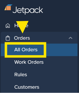 Jetpack dashboard navigation menu showing Orders dropdown with All Orders highlighted