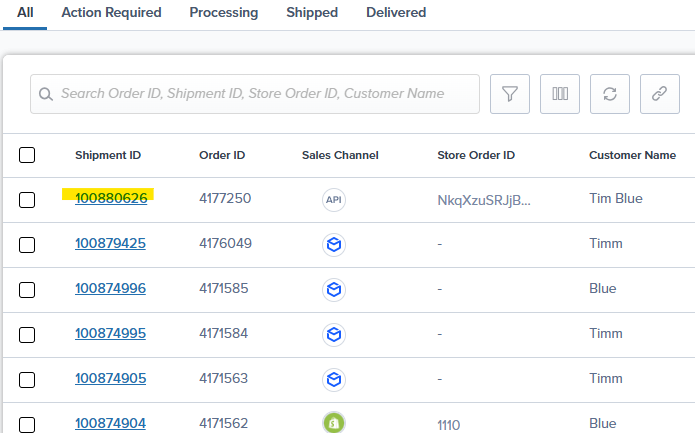 Orders page showing shipment IDs with one highlighted