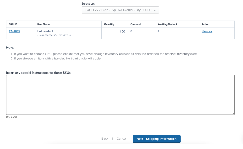 Product added to order showing lot selection with ID, expiration date, and quantity