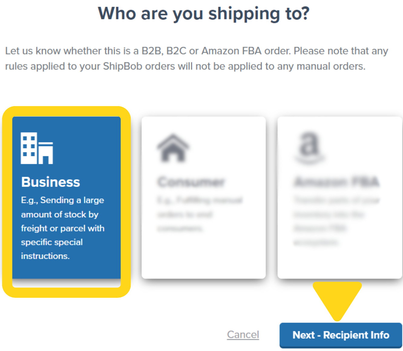 Order type selection showing Business, Consumer, and Amazon FBA options with Business highlighted