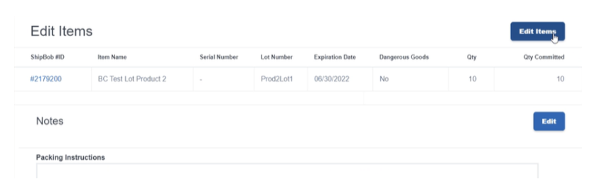 Order details page showing Edit Items button in the top right