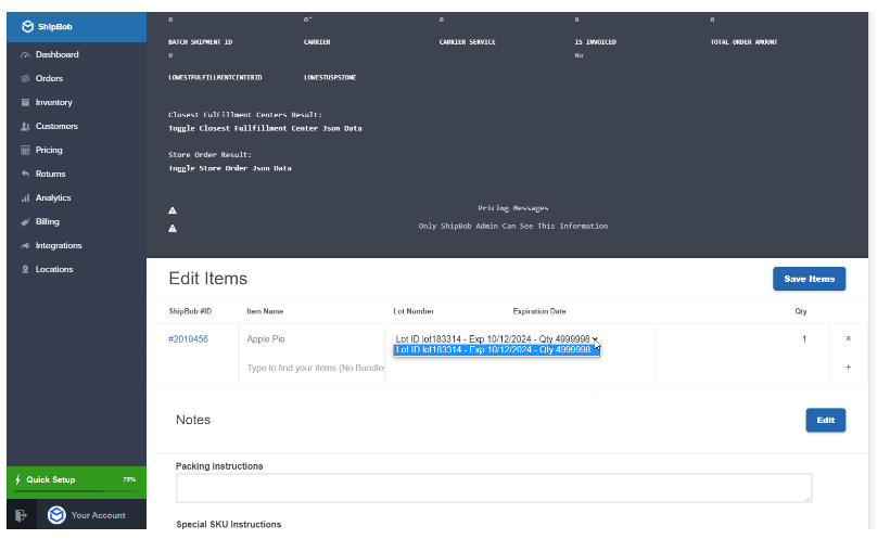 Edit Items interface showing lot selection dropdown with lot ID, expiration date, and quantity options