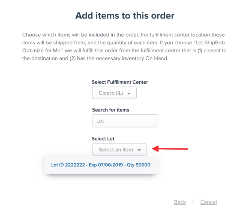 Add items to order page showing fulfillment center selection dropdown and item search field