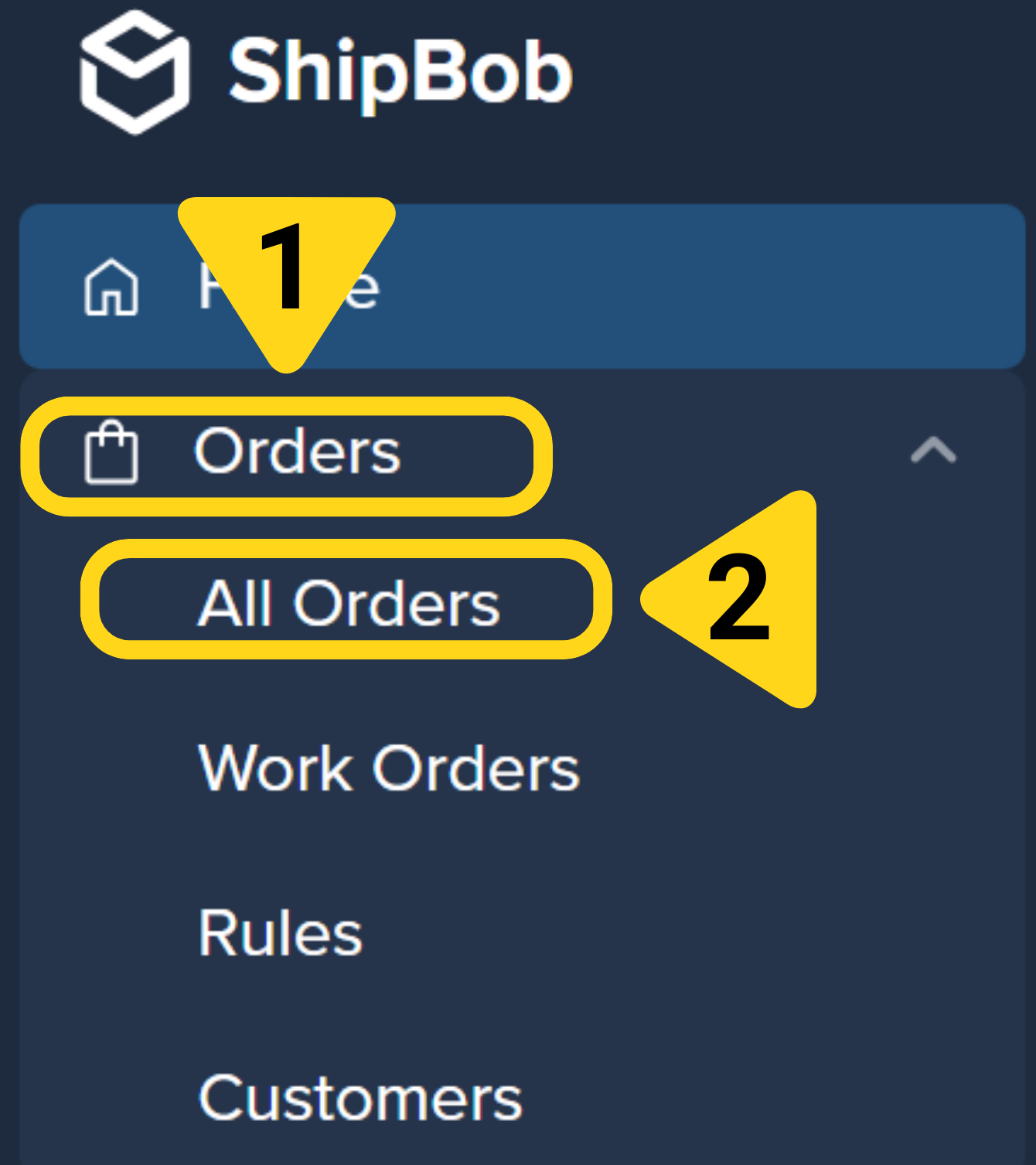Orders navigation menu showing All Orders, Work Orders, Rules, and Customers options