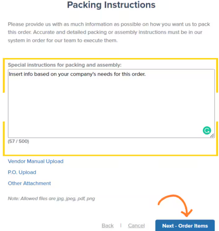 Packing instructions page showing text input field and file attachment options
