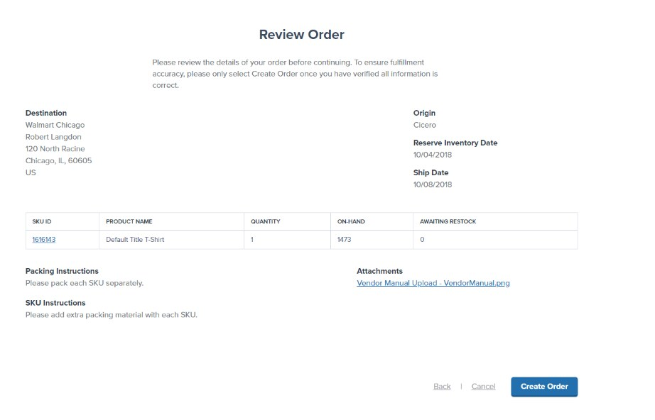 Review Order page showing destination, origin, reserve date, ship date, and order items